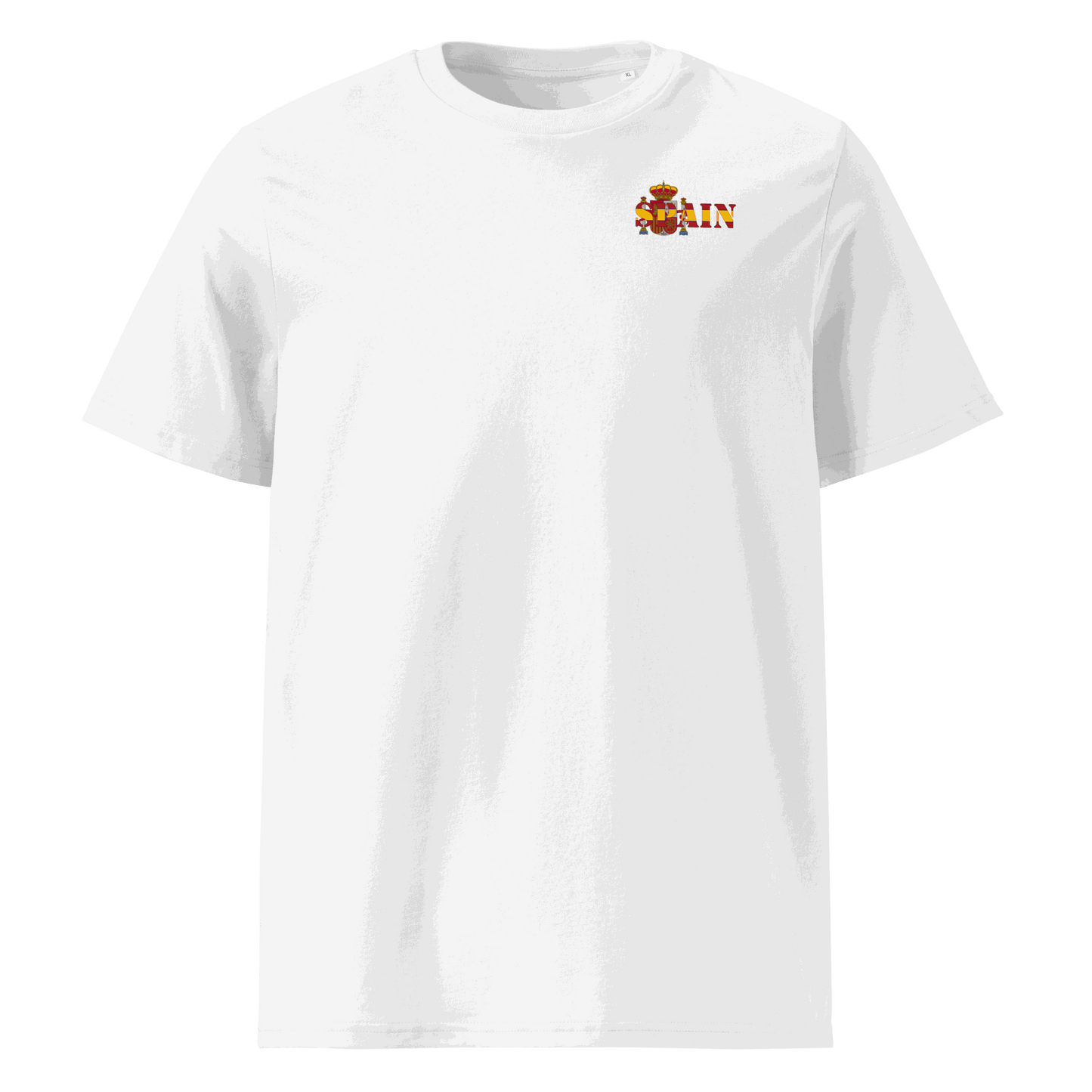 White Spain Futbol Shirt with national flag cutout design on chest, made from organic cotton, unisex fit.
