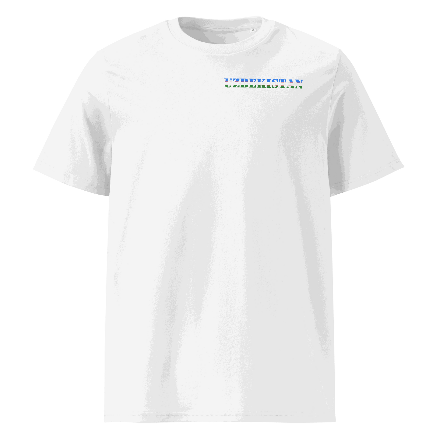 White Uzbekistan soccer shirt with "Uzbekistan" text cut from the national flag design on the chest