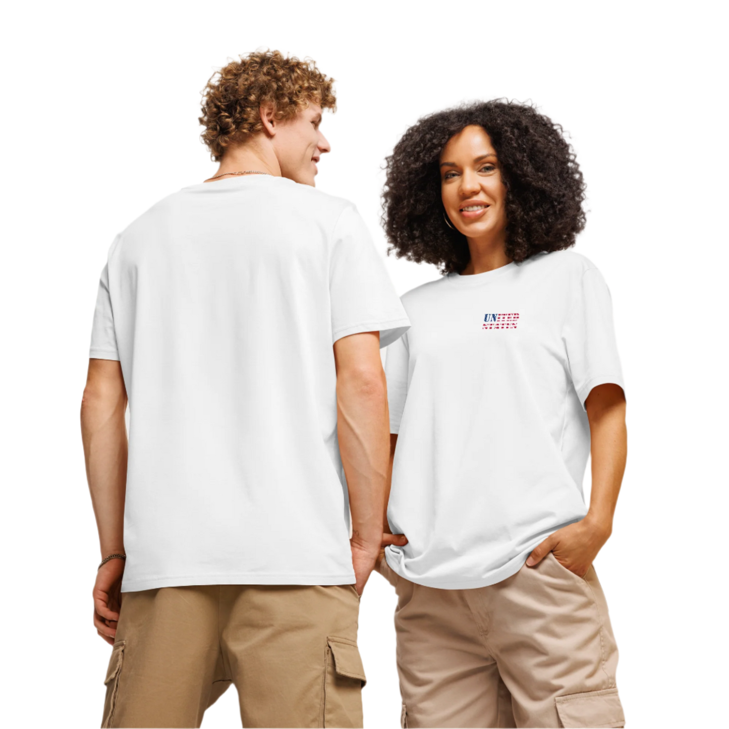 Unisex white United States Soccer Shirt with flag-themed "United States" text on chest, made from organic cotton.