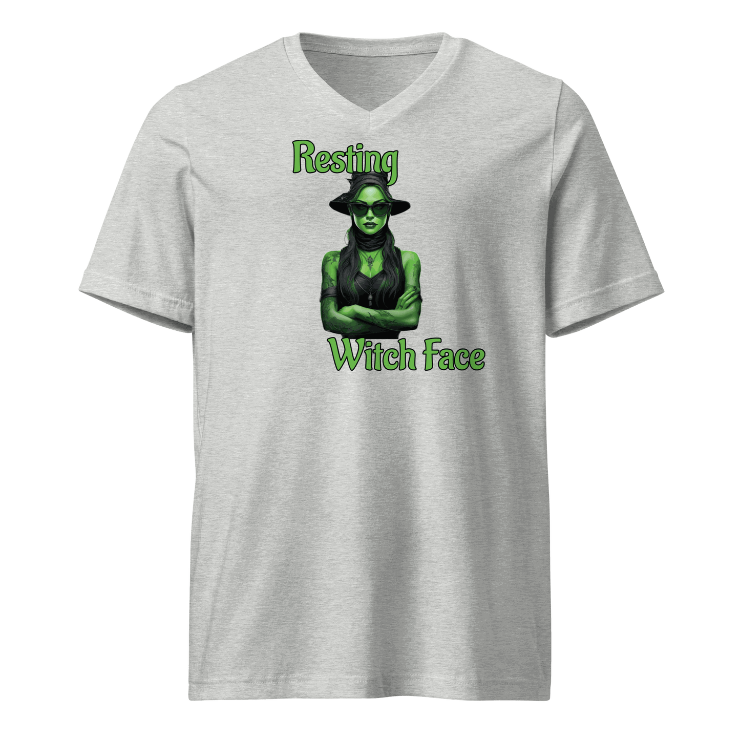 Front view of Resting Witch Face Shirt with witch in sunglasses design