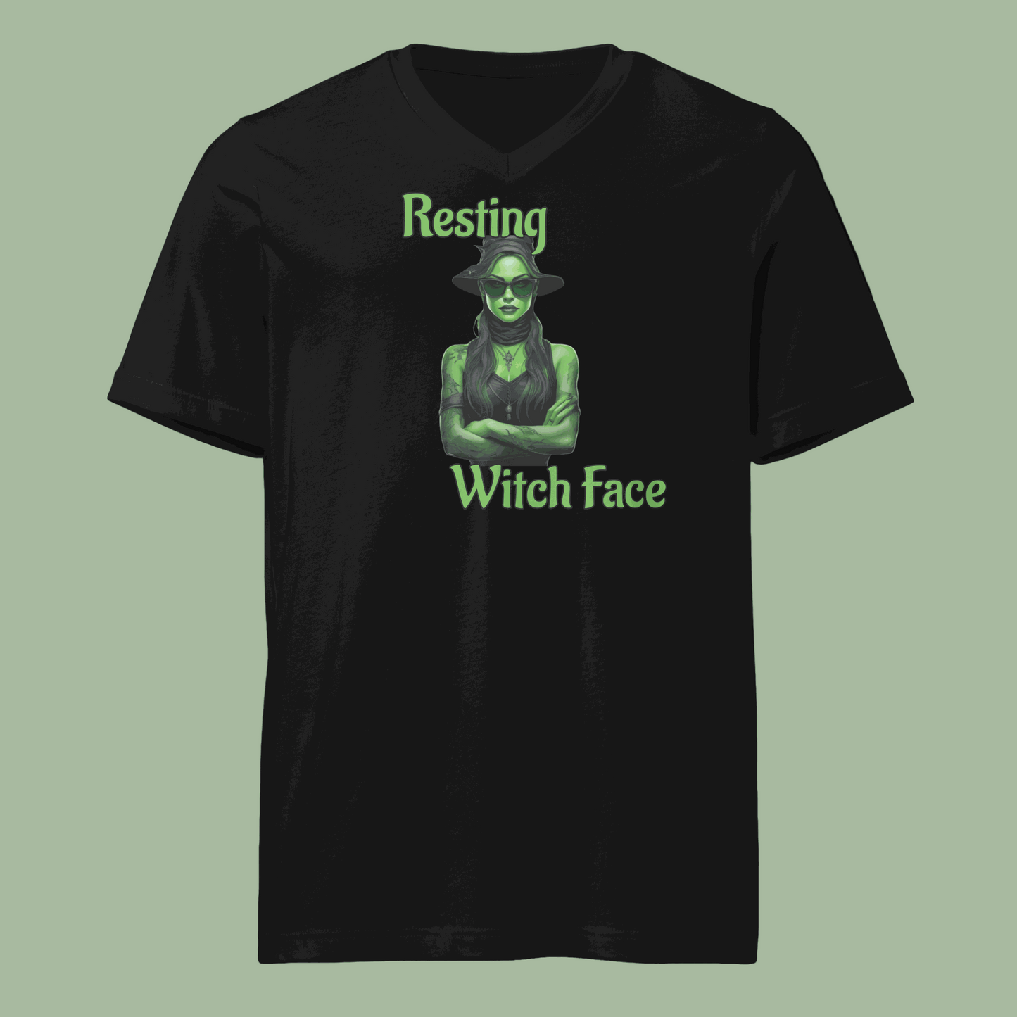 Front view of Resting Witch Face Shirt with witch in sunglasses design