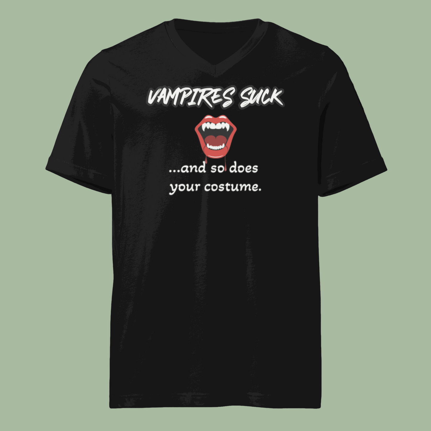Front view of Vampires Suck Shirt with bold fang graphic design