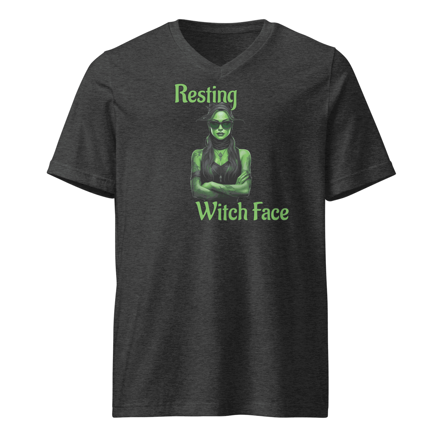 Front view of Resting Witch Face Shirt with witch in sunglasses design