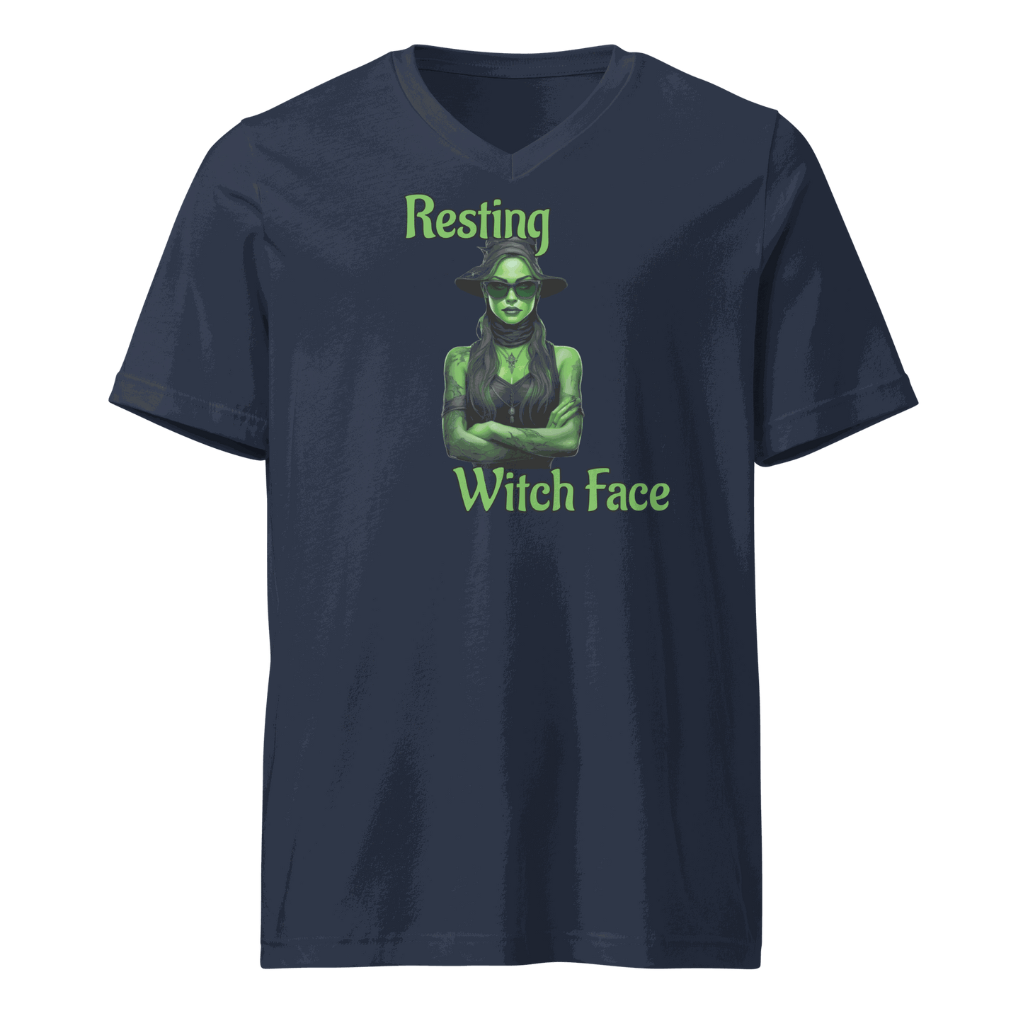 Front view of Resting Witch Face Shirt with witch in sunglasses design
