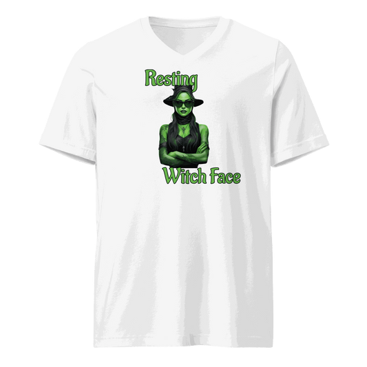 Front view of Resting Witch Face Shirt with witch in sunglasses design