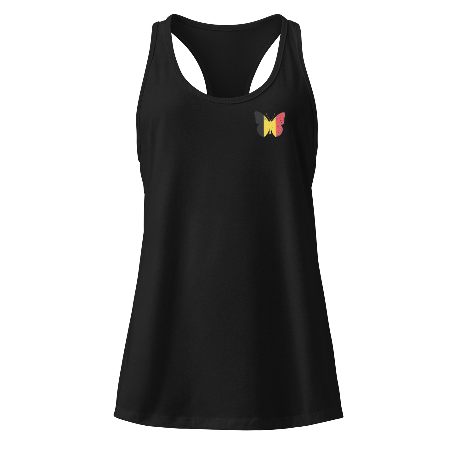 Belgian Flag Butterfly Tank Top with butterfly in black, yellow, and red