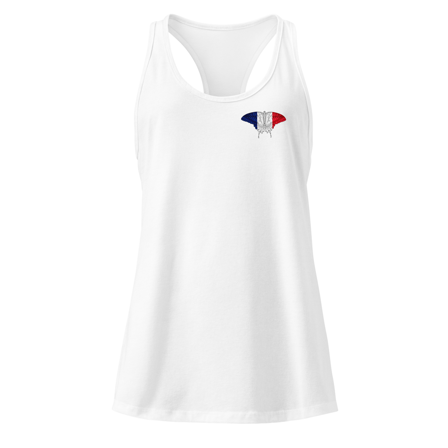 French Flag Butterfly Tank Top with butterfly in blue, white, and red