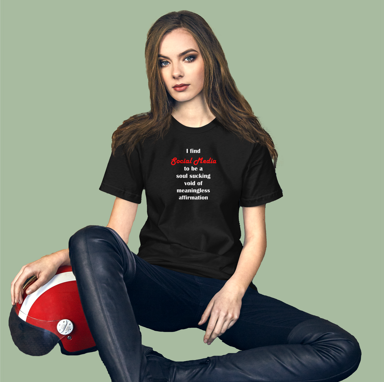 Model wearing Dry Humour Department shirt with subtle funny text
