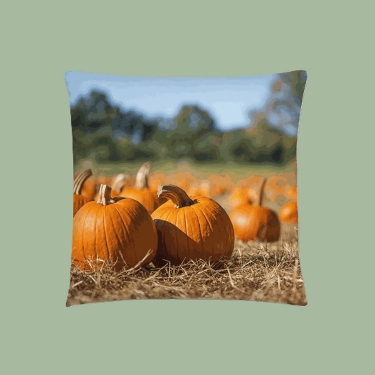Front view of Pumpkin Patch Pillow with festive autumn design