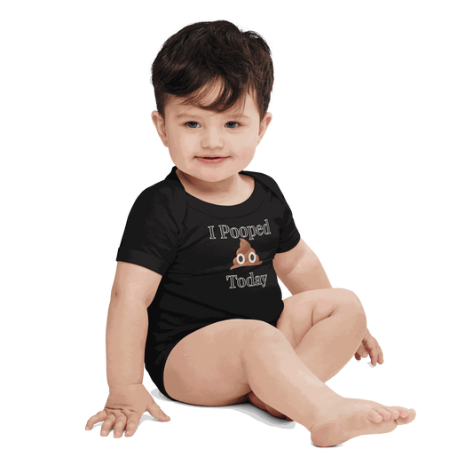 Front view of I Pooped Today Onesie with bold text design