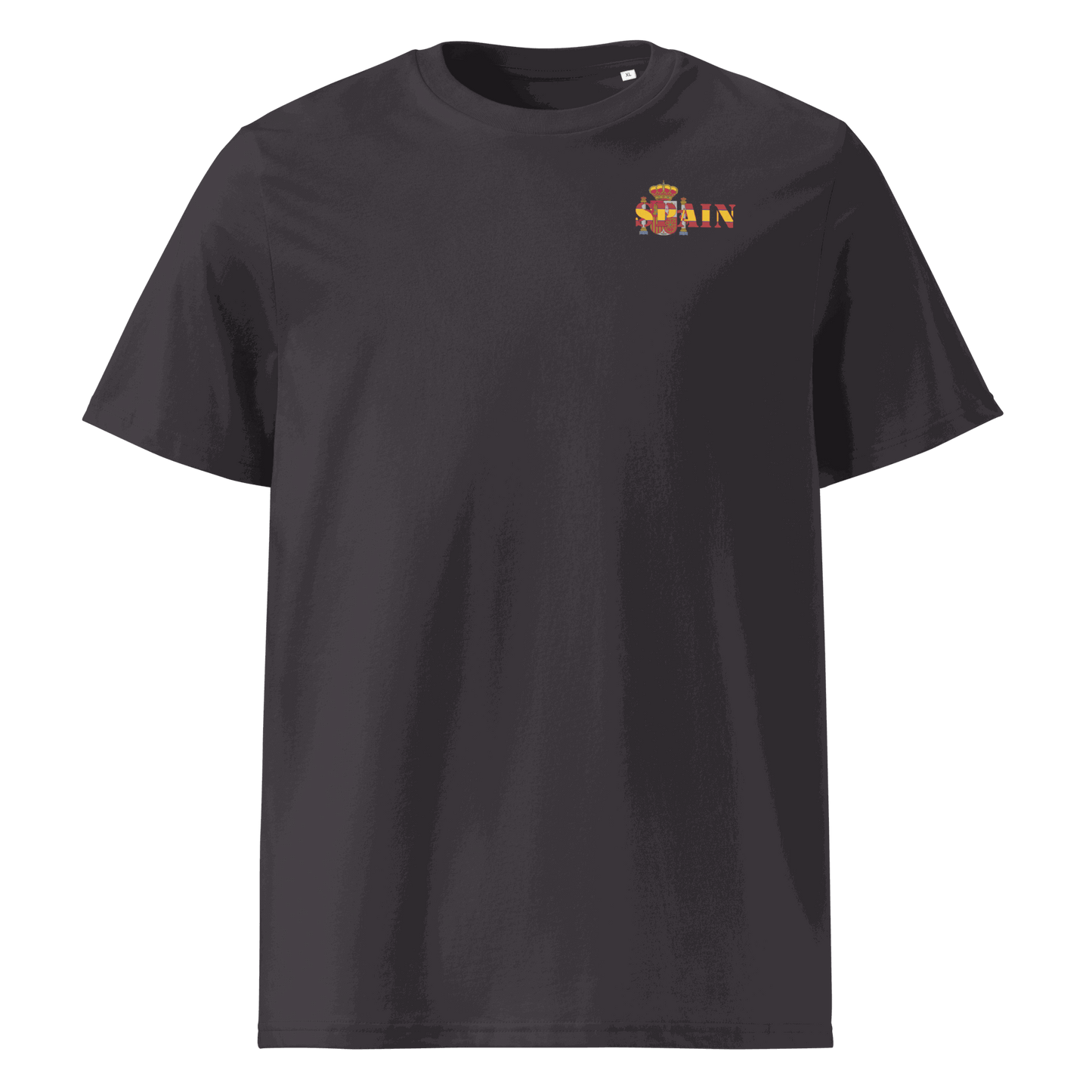 Black Spain Futbol Shirt with national flag design cut-out lettering on chest, made from organic cotton.