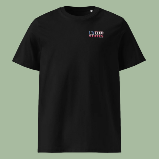 Black United States Soccer Shirt with flag-themed lettering on chest, made from organic cotton, unisex fit.