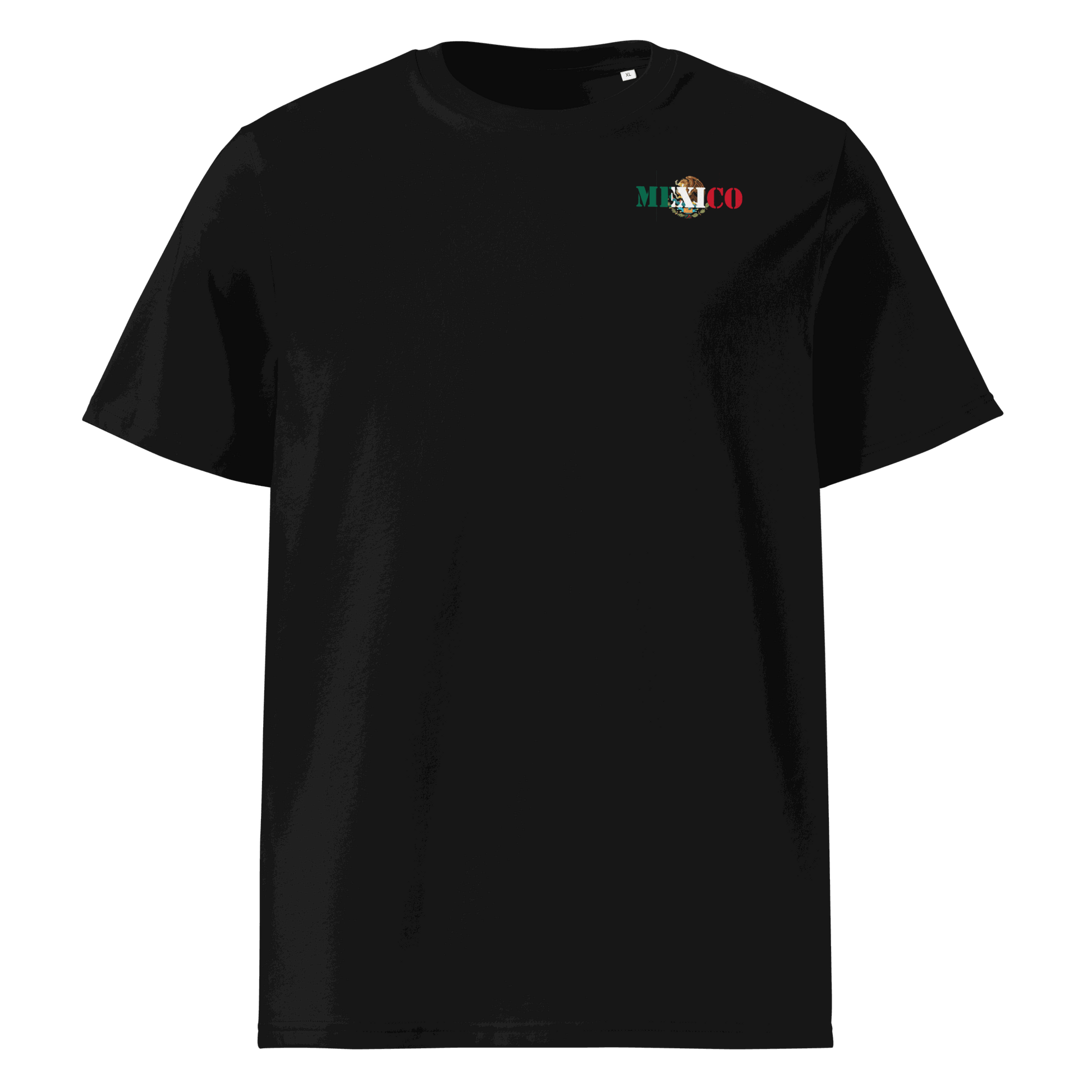 Black Mexico Futbol Shirt with flag-cut lettering on chest, made from organic cotton, unisex fit.