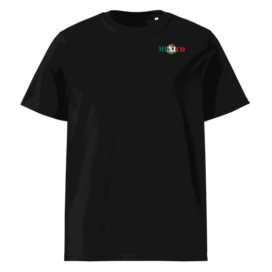 Black Mexico Futbol Shirt with flag-cut lettering on chest, made from organic cotton, unisex fit.