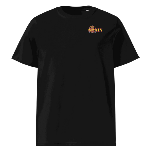Black Spain Futbol Shirt with "Spain" text shaped from the Spanish flag in the chest area, made from organic cotton.