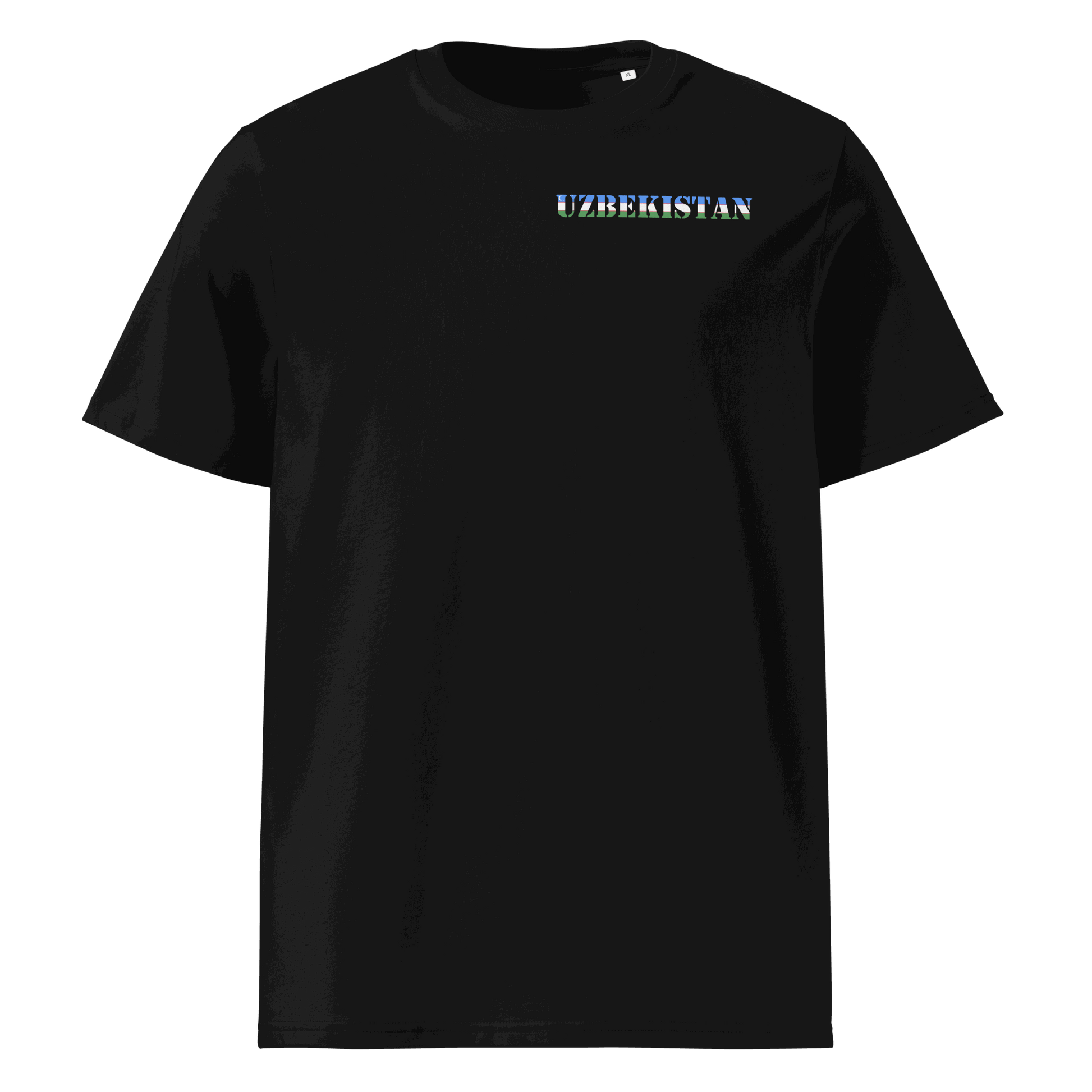 Black Uzbekistan soccer shirt with national flag cutout lettering on chest, made from organic cotton.