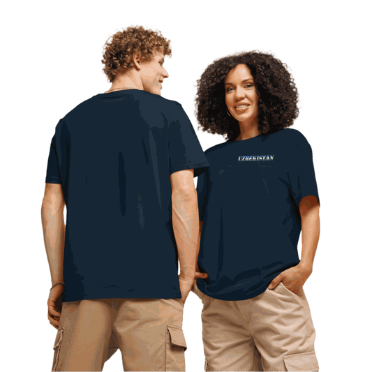 Unisex navy Uzbekistan soccer shirt with flag-inspired lettering, soft organic cotton, casual fit.
