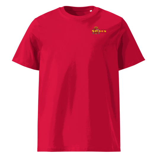 Red Spain Futbol Shirt with national flag text design, made from organic cotton for comfort and durability