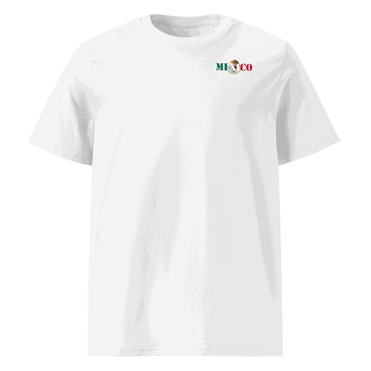 White Mexico Futbol Shirt with "MEXICO" text styled from the Mexican flag colors and emblem, made from organic cotton.