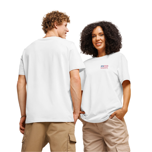 Unisex white United States Soccer Shirt with flag-themed "United States" text on chest, made from organic cotton.