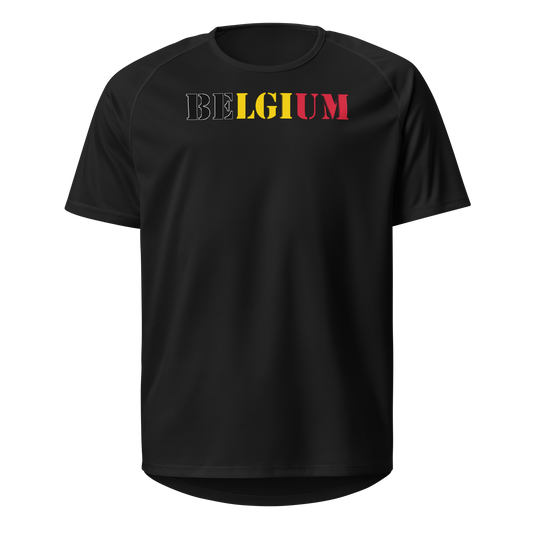 Belgium Play for Glory Shirt with bold lettering in black, yellow, and red