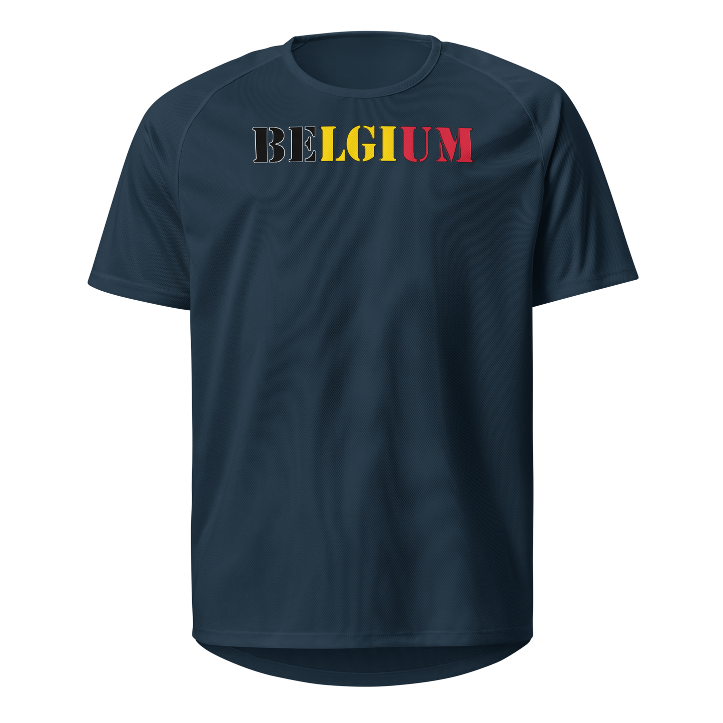 Belgium Play for Glory Shirt with bold lettering in black, yellow, and red