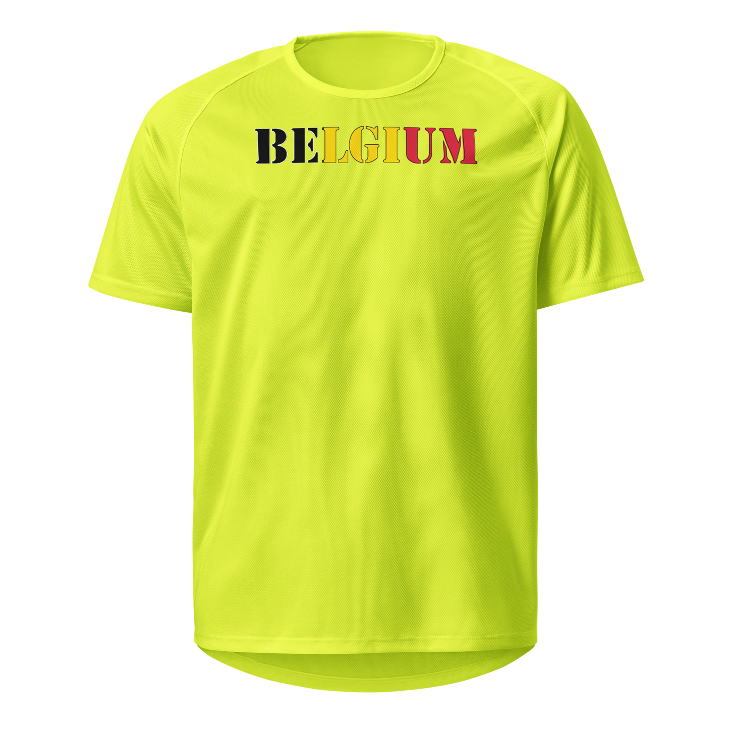 Belgium Play for Glory Shirt with bold lettering in black, yellow, and red