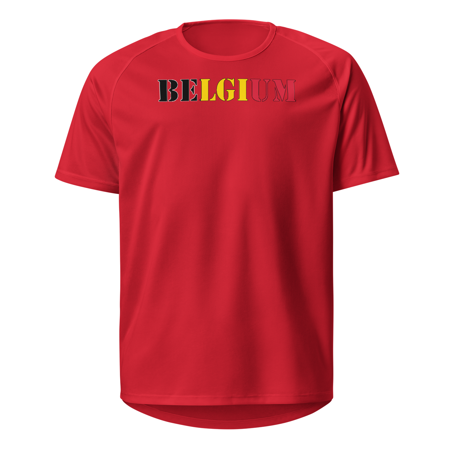 Belgium Play for Glory Shirt with bold lettering in black, yellow, and red