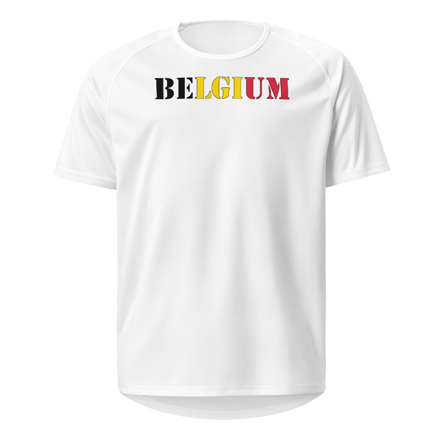 Belgium Play for Glory Shirt with bold lettering in black, yellow, and red