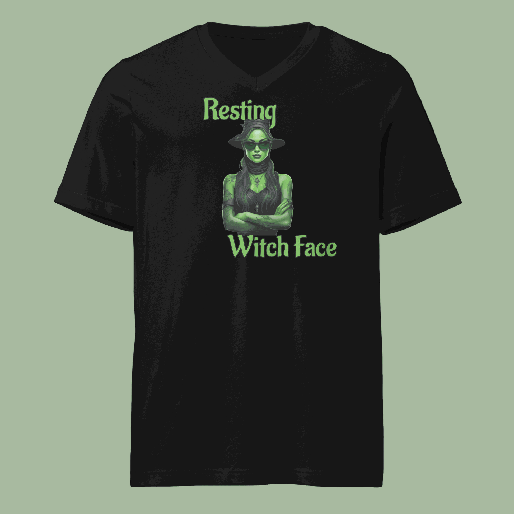 Front view of Resting Witch Face Shirt with witch in sunglasses design