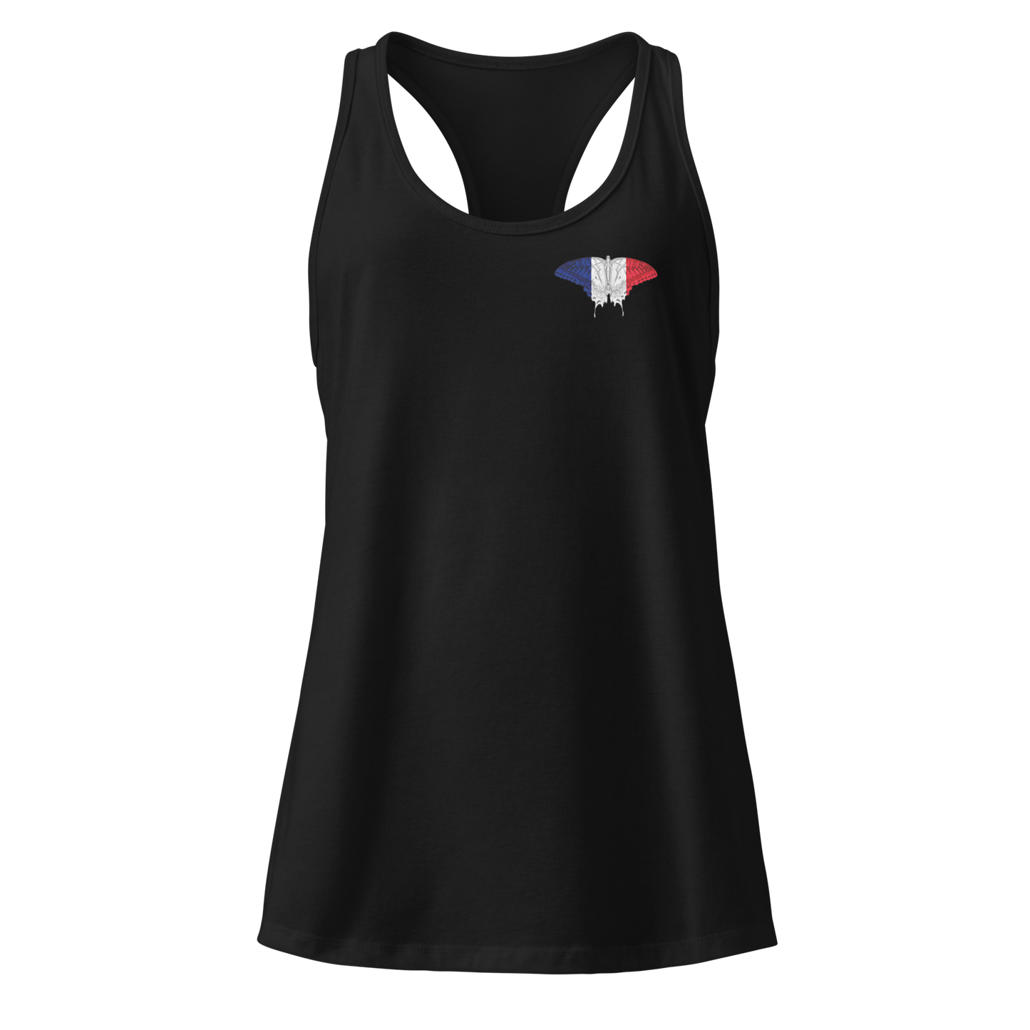 French Flag Butterfly Tank Top with butterfly in blue, white, and red