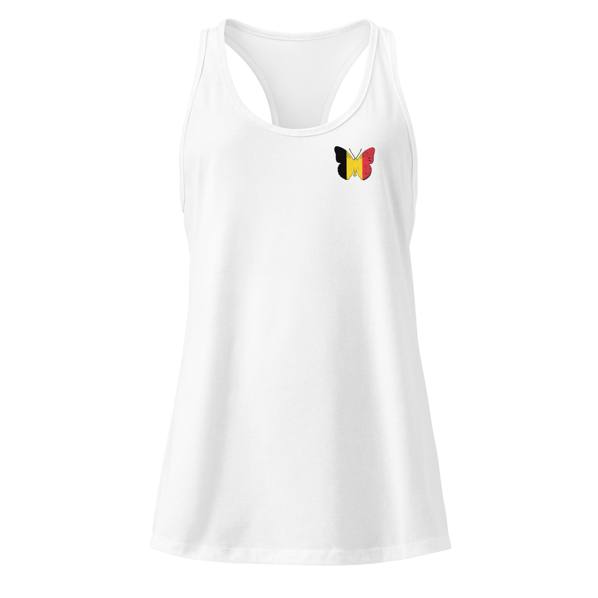 Belgian Flag Butterfly Tank Top with butterfly in black, yellow, and red