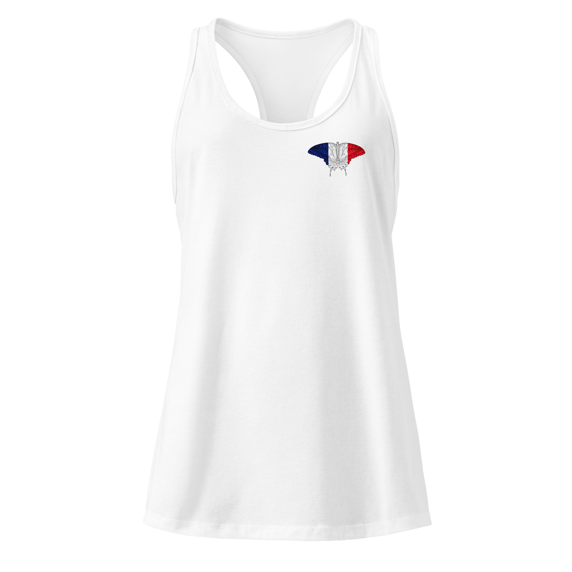 French Flag Butterfly Tank Top with butterfly in blue, white, and red